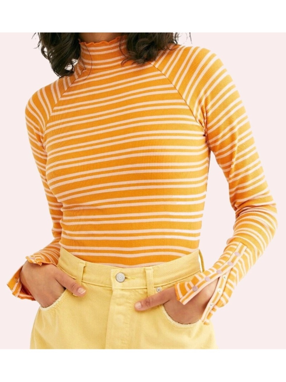 Free People Striped Mock Neck Long Sleeve Top in Orange size Medium - Picture 2 of 7
